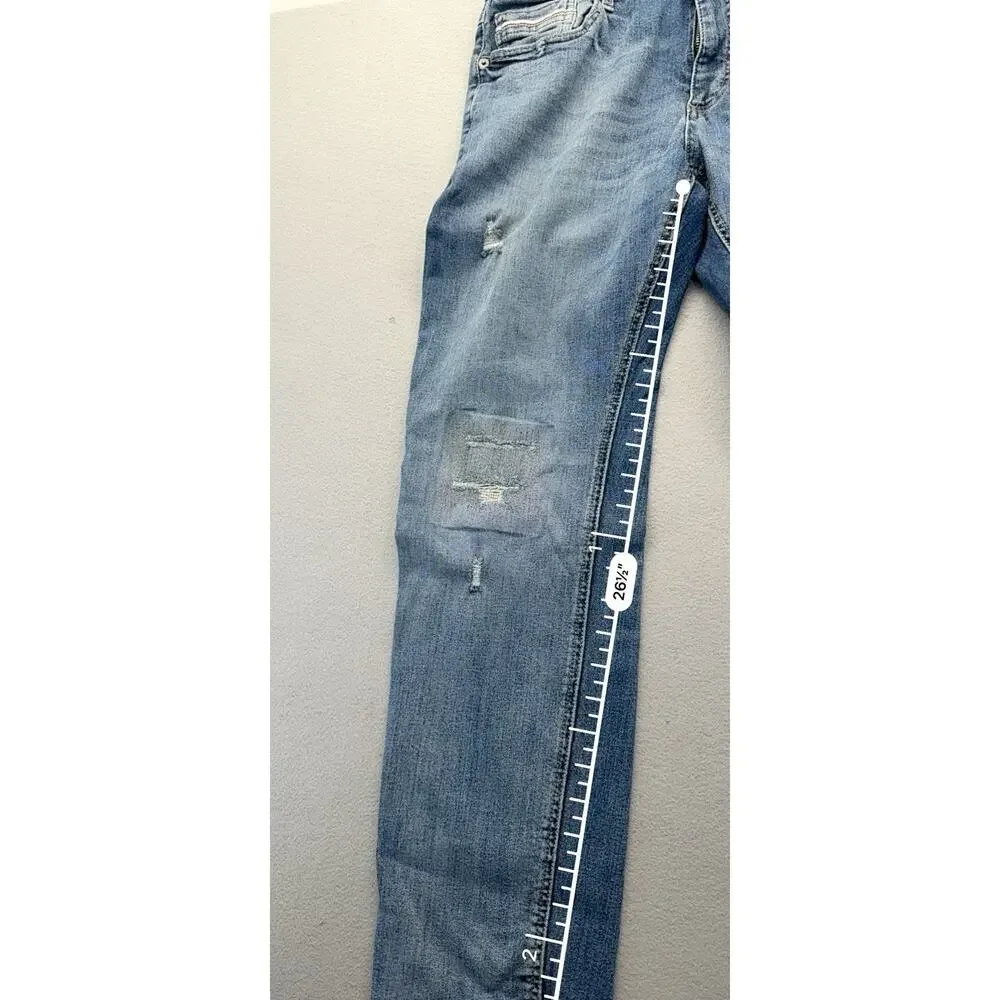 Sun + Stone Mens 34x30 Distressed Patch Straight Leg Stretch Jeans Light Wash
